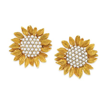 Appraisal: Pair of Gold and Seed Pearl Sunflower Earclips Asprey Estimate