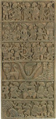 Appraisal: A large relief carved hardwood panel decorated six bands of