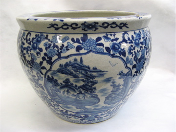 Appraisal: THREE CHINESE GLAZED POTTERY JARDINIERES decorated blue on white ground