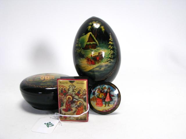 Appraisal: Four lacquered Russian items including a artist signed pin a