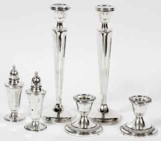 Appraisal: AMERICAN STERLING CANDLESTICKS SHAKERS SIX PIECES AMERICAN STERLING CANDLESTICKS SHAKERS