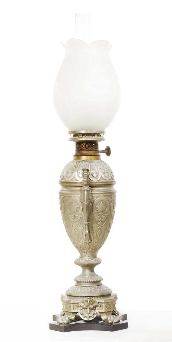 Appraisal: LARGE OIL LAMP German Revival Style Iron and glass Milk