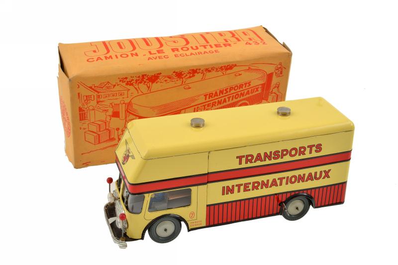 Appraisal: JOUSTRA CLOCKWORK INTERNATIONAL TRANSPORT LORRY FRENCH RED AND CREAM TINPLATE