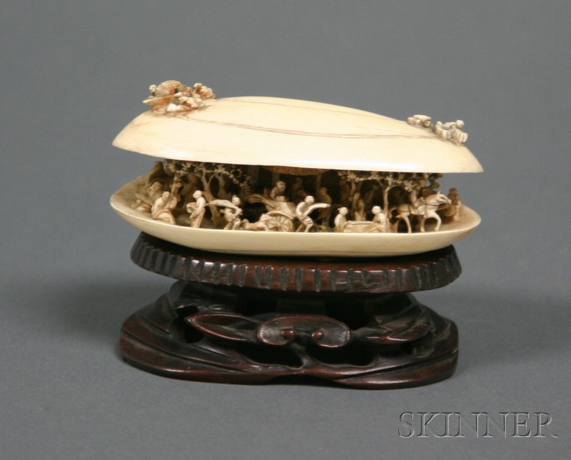 Appraisal: Ivory Carving Japan th century clamshell opens to a carved