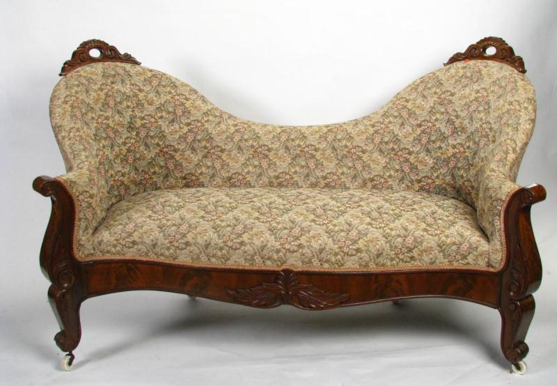 Appraisal: Transitional Victorian Loveseat mid- th century with burled veneer and