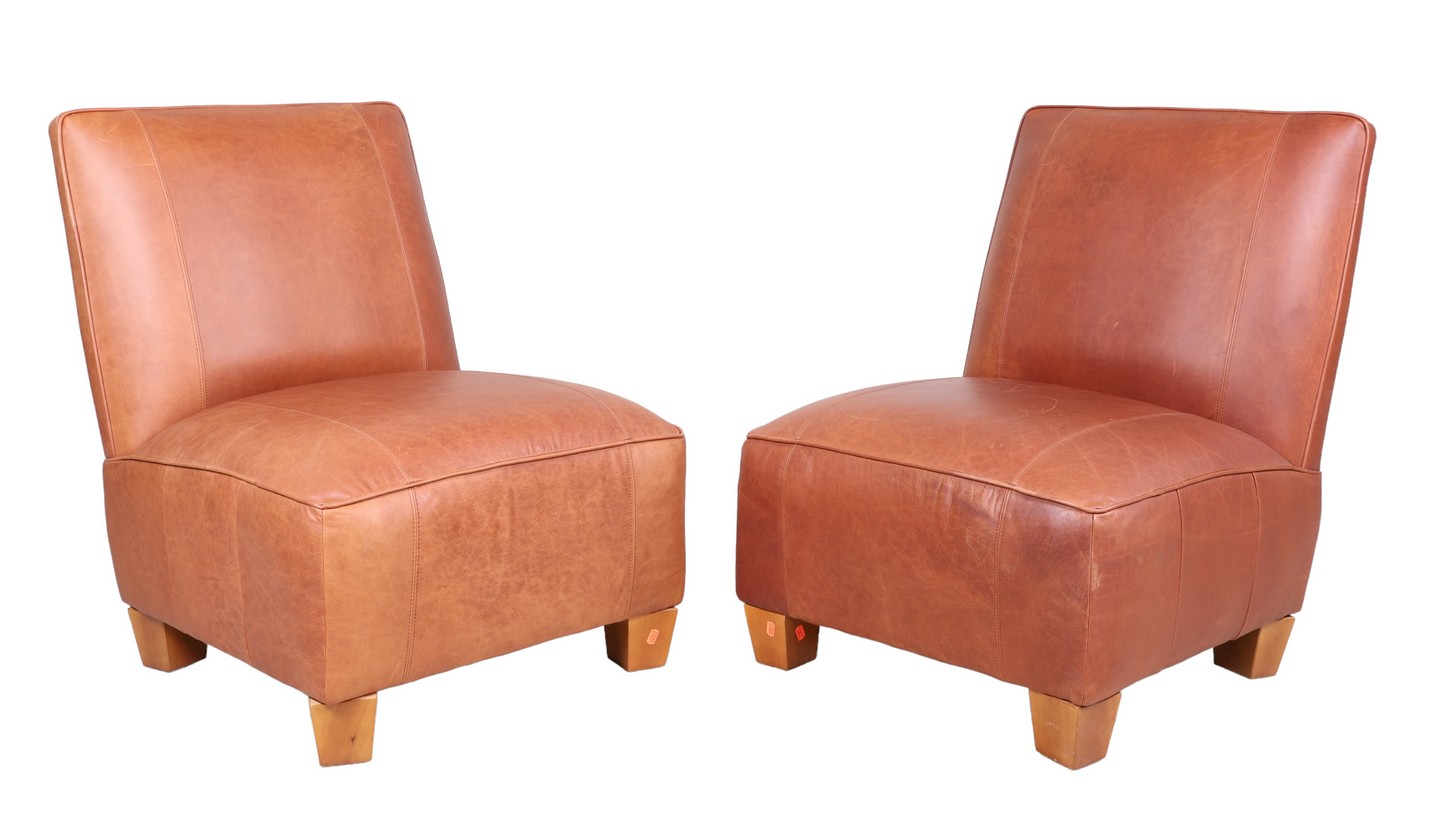 Appraisal: Pair Contemporary stitched leather side chairs tapered block feet h