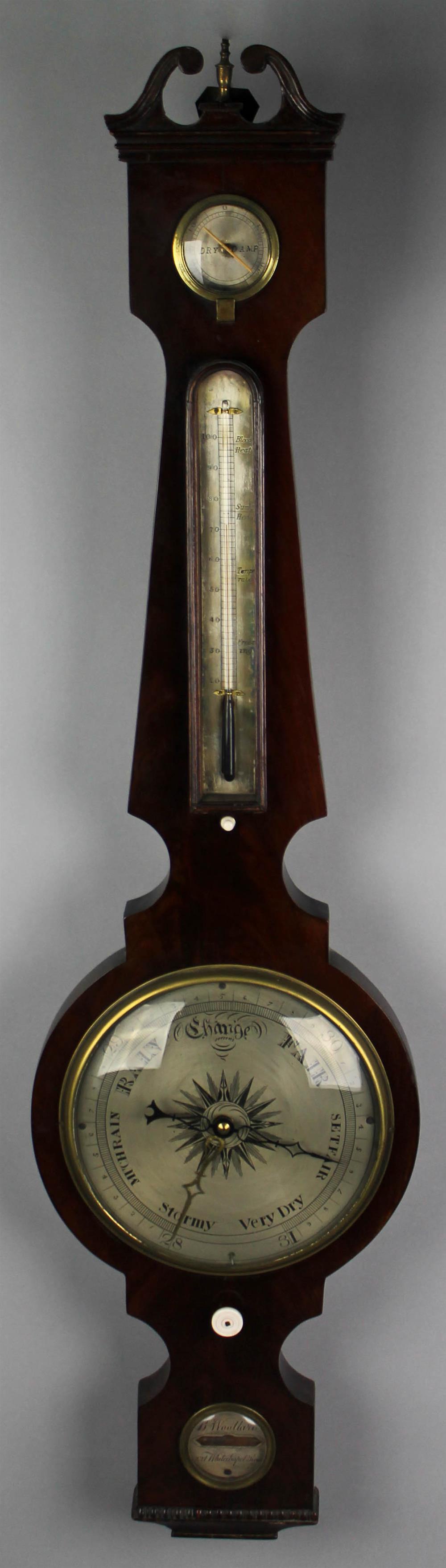 Appraisal: ENGLISH MAHOGANY BAROMETER BENJAMIN WOOLARD CABINETMAKER th C broken arch