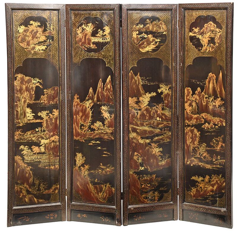 Appraisal: Chinese Export Lacquered Four Panel Room Screen th th century