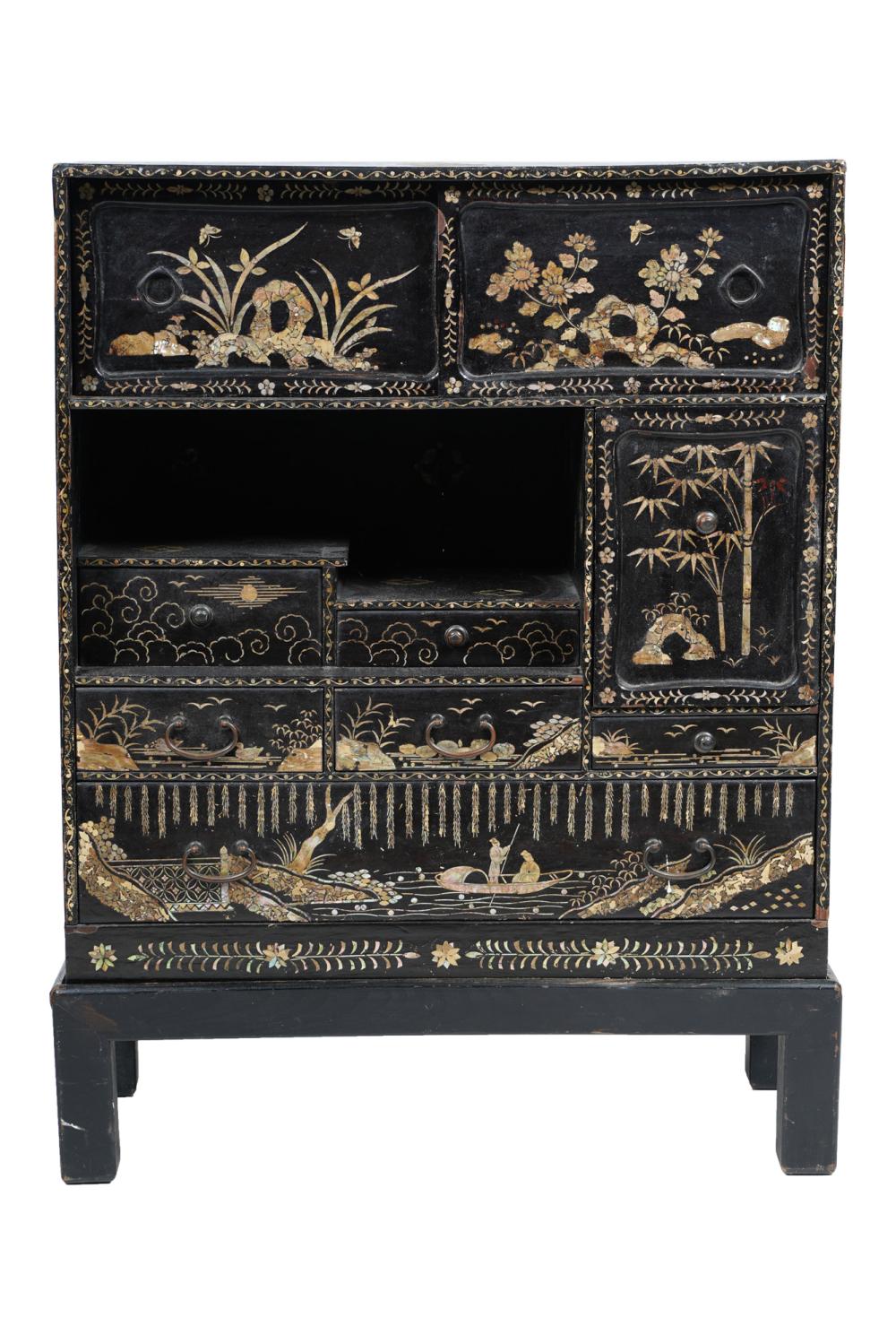 Appraisal: JAPANESE LACQUERED MOTHER OF PEARL INLAID CABINET ON STANDCondition with