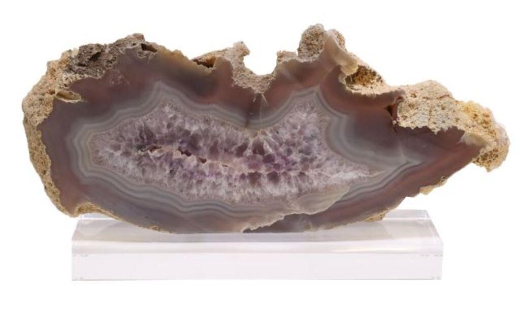 Appraisal: Amethyst agate slice Brazil mounted on colorless acrylic base specimen