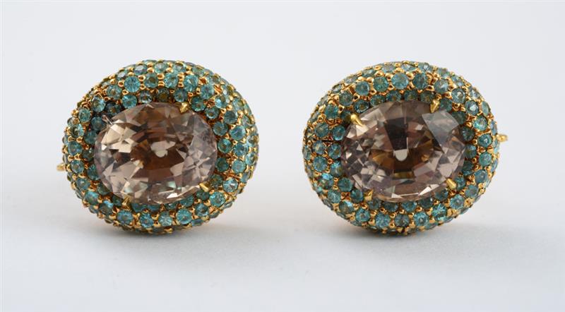 Appraisal: PAIR OF K GOLD SMOKY TOPAZ AND PARAIBA TOURMALINE SATURN