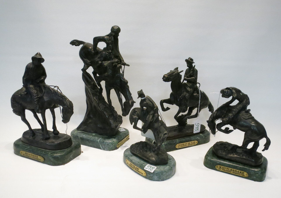 Appraisal: FIVE CAST BRONZE SCULPTURES AFTER FREDERIC REMINGTON Rattlesnake Trooper of