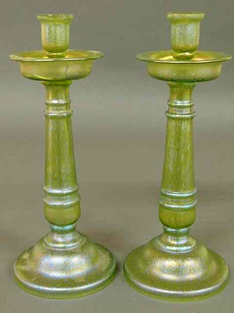 Appraisal: Pair of green Loetz glass candlesticks h As found