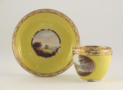 Appraisal: A Derby bute-shaped teacup and saucer painted with landscape panels