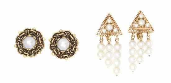 Appraisal: Two Pairs of Karat Yellow Gold and Cultured Pearl Earclips