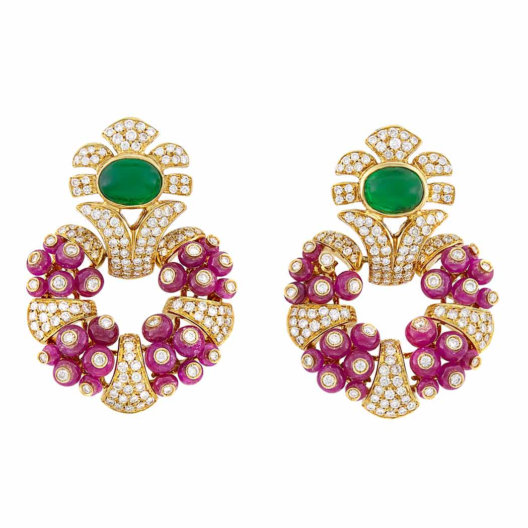 Appraisal: Pair of Gold Ruby Bead Cabochon Emerald and Diamond Pendant-Earclips