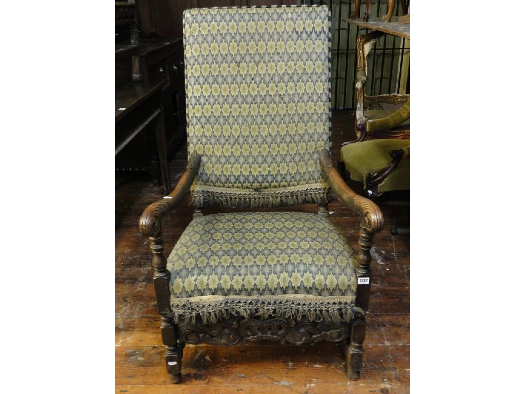 Appraisal: A Carolean style open elbow chair with stylised tapestry upholstered