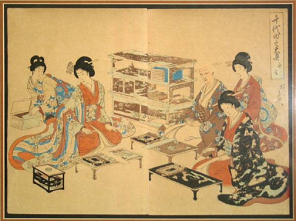 Appraisal: Chikanobu one woodblock print diptych Depicting a painting class with