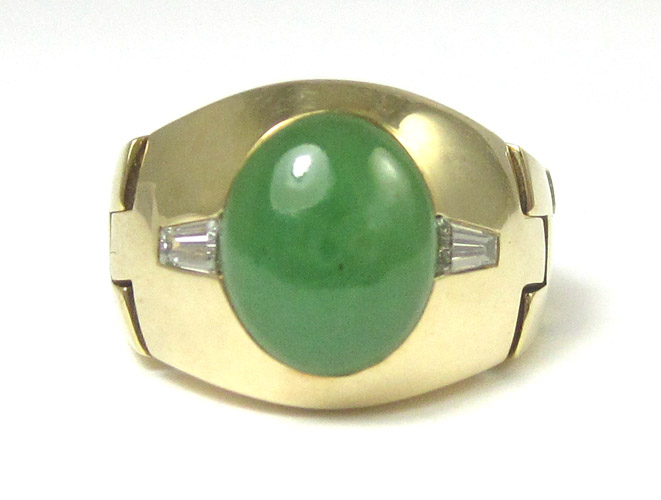 Appraisal: MAN'S JADE DIAMOND AND FOURTEEN KARAT GOLD RING centering an