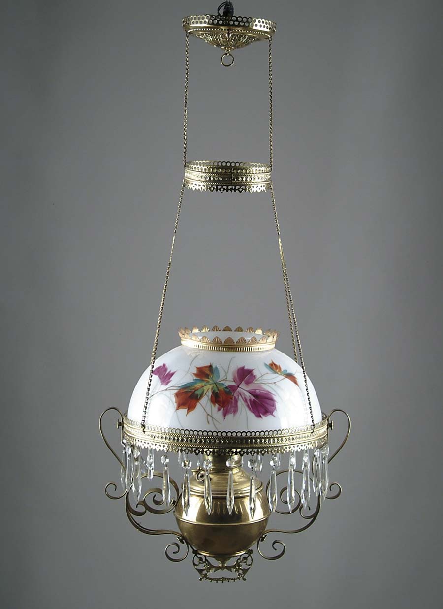 Appraisal: MEDIUM SIZED ELECTRIFIED PARLOR HANGING LAMP WITH PAINTED SHADE Brass