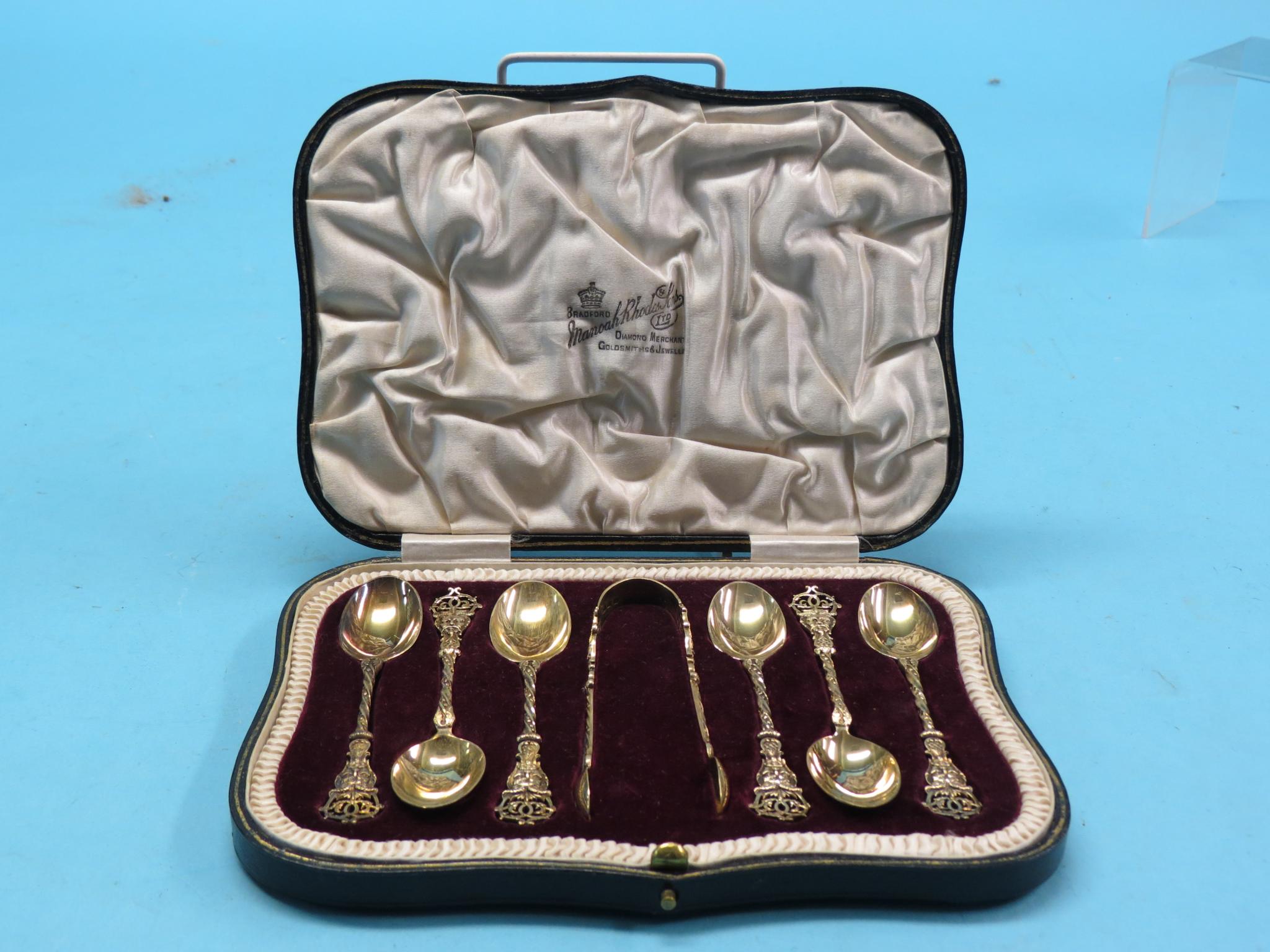 Appraisal: A good cased set of six silver-gilt coffee spoons with