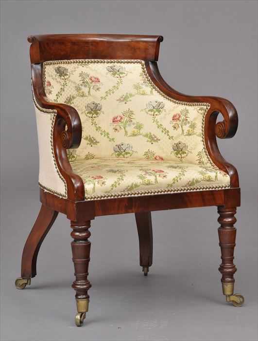 Appraisal: REGENCY CARVED MAHOGANY DESK CHAIR With low curved top rail