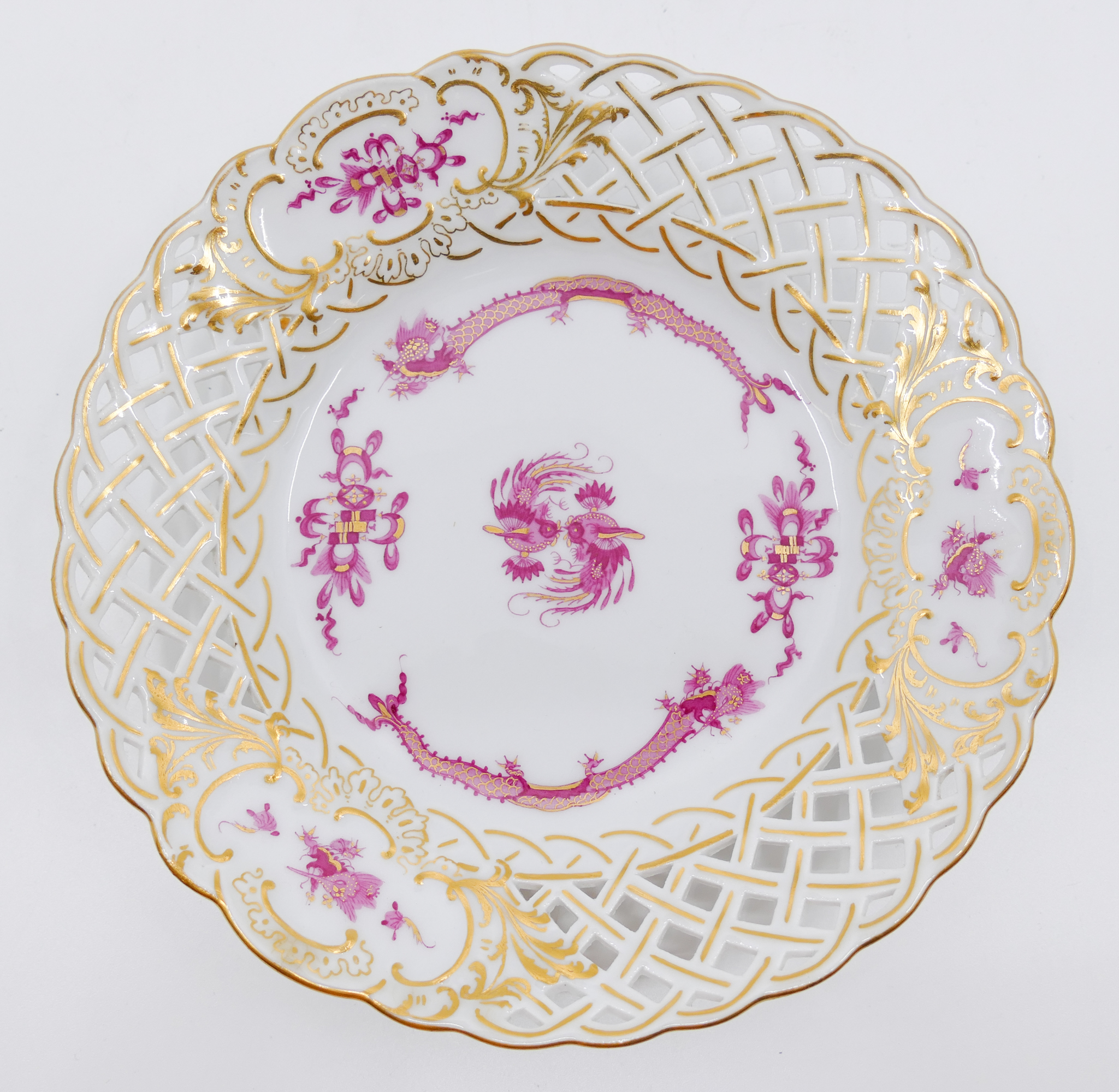 Appraisal: Meissen Pink Dragon Pierced Small Porcelain Plate Gilt decoration Embossed