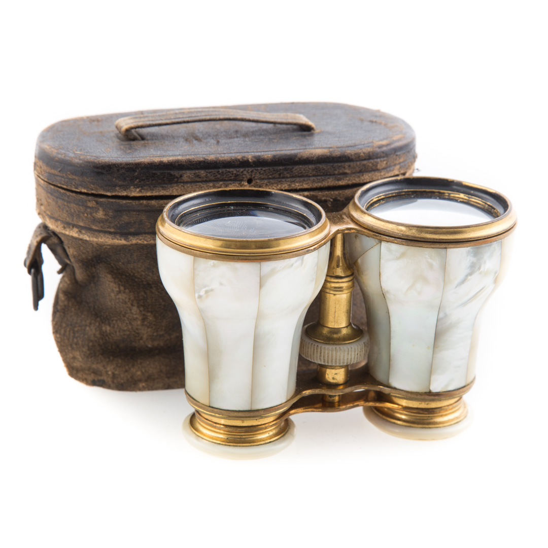 Appraisal: Mother-of-pearl and gilt-metal opera glasses late th century with leather