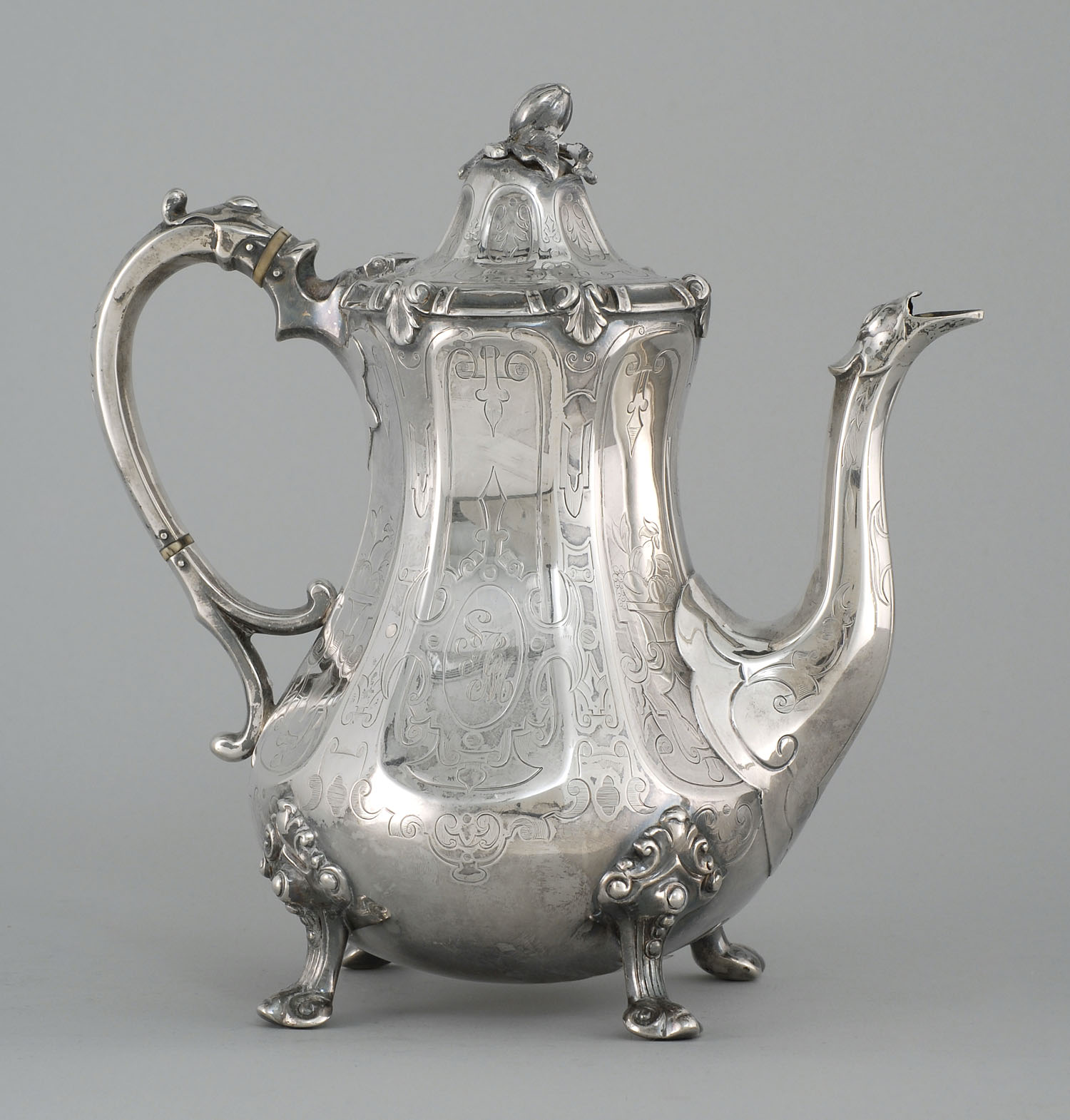 Appraisal: SCOTTISH SILVER COFFEEPOT Circa In hexagonal form supported on four