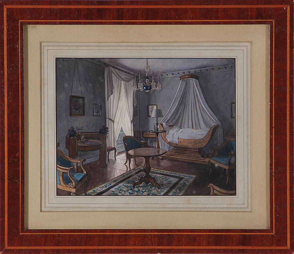 Appraisal: French watercolors of interiors early th century BEDROOM and PARLOR