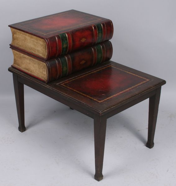 Appraisal: th Century leather-top end table with book design h x