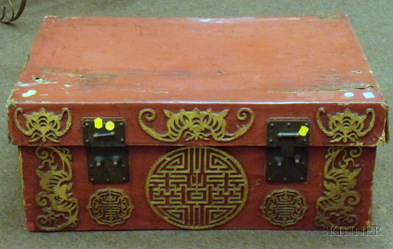 Appraisal: Chinese Export Partial-gilt Red Lacquered Pigskin Trunk ht lg in