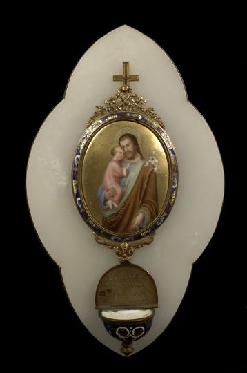 Appraisal: Italian White Onyx and Enamel Benitier of St Anthony dated