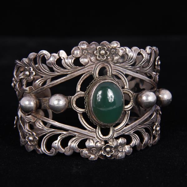 Appraisal: Italian sterling silver openwork cuff bracelet with green chrysoprase cabochon