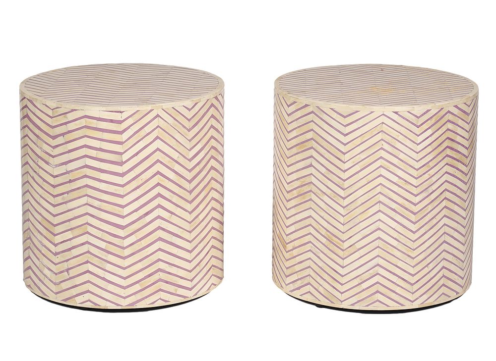 Appraisal: Pr Horchow Mosaic Bone Drum Tables Pair of Horchow mosaic