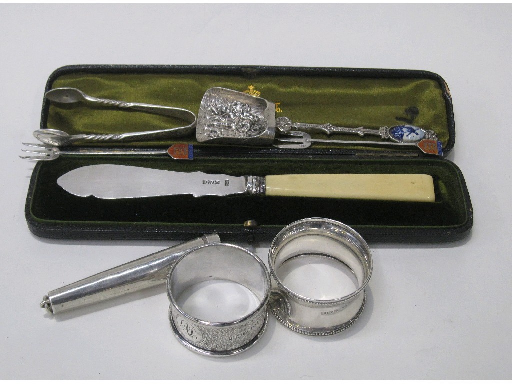 Appraisal: Lot comprising cased silver bladed knife napkin rings cigarette holder