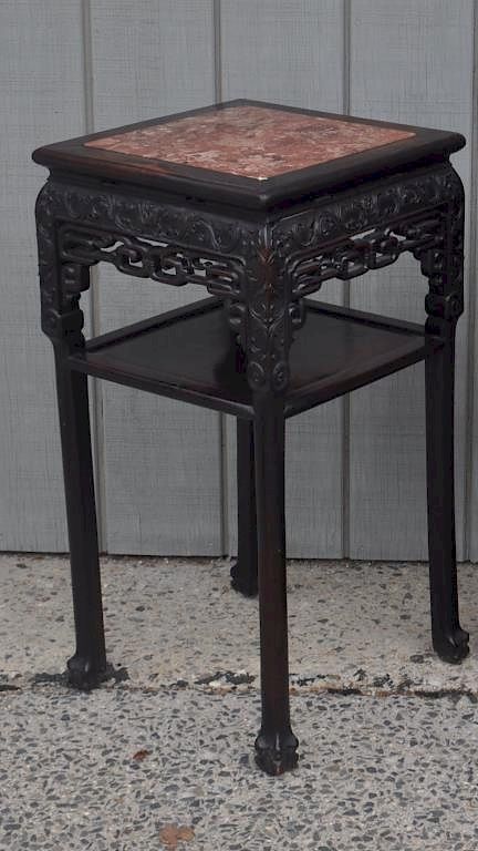 Appraisal: Chinese Carved Hardwood Marble Top Table with inset marble top