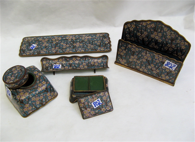 Appraisal: JAPANESE CLOISONNE DESK SET pieces blooming cherry blossom pattern turquoise