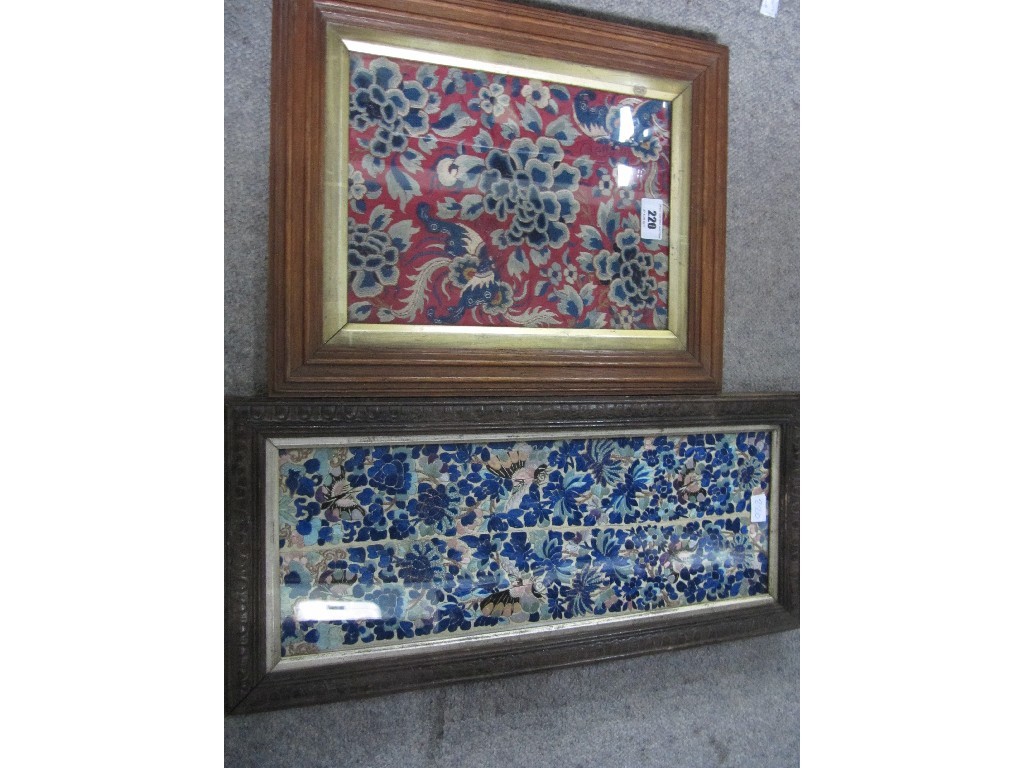 Appraisal: Lot comprising two framed oriental embroidered panels