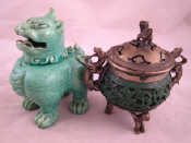 Appraisal: A green Chinese ceramic temple dog incense burner Ht cm