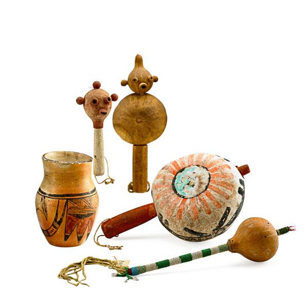 Appraisal: NATIVE AMERICAN OBJECTS Five pieces three Hopi rattles one Kiowa