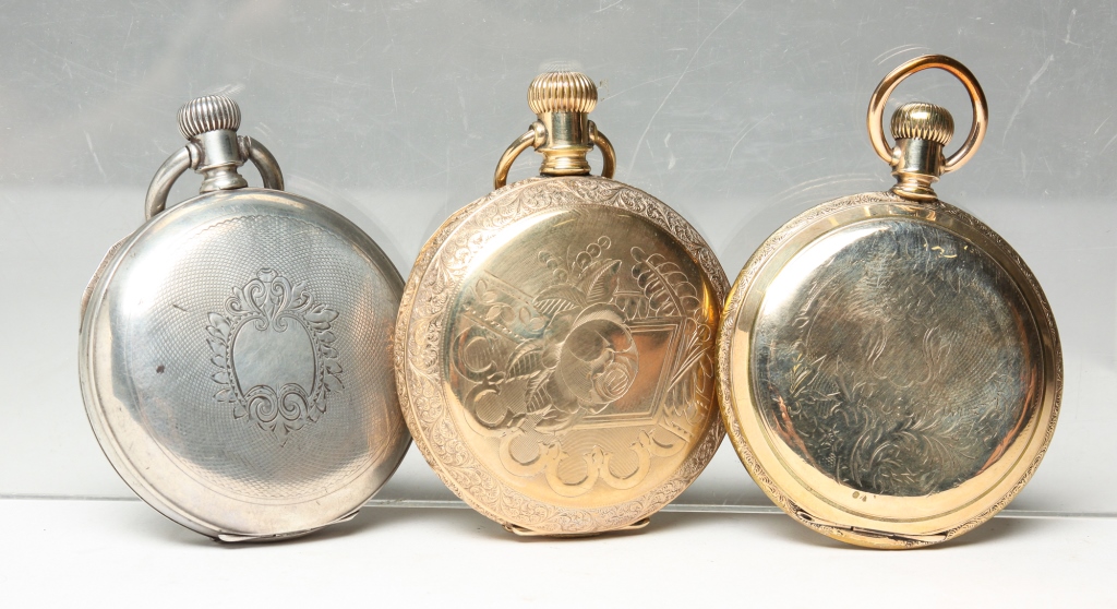 Appraisal: THREE VINTAGE HUNTING CASE POCKET WATCHES American late th century