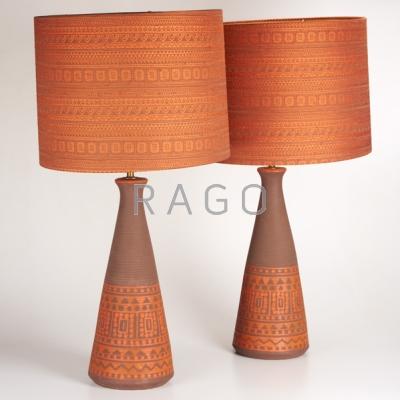 Appraisal: DANISH Pair of table lamps s incised and painted ceramic