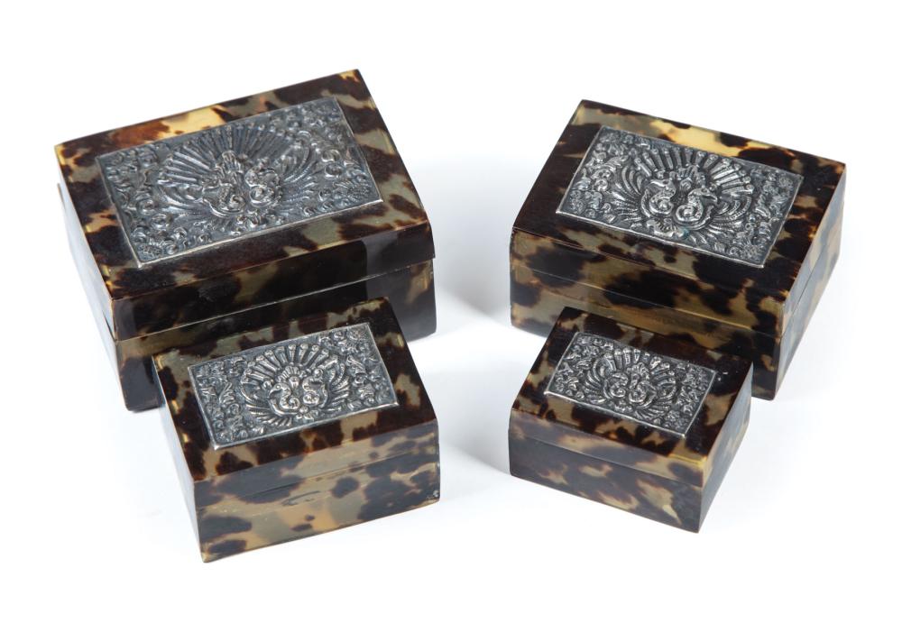 Appraisal: Four Faux Tortoiseshell Boxes mounted with metal reliefs of peacocks