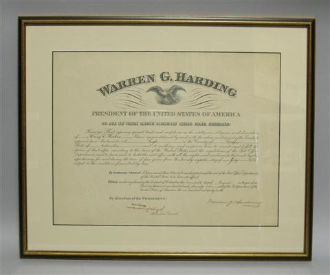 Appraisal: WARREN G HARDING SIGNED PRESIDENTIAL DOCUMENT Presidential appointment document partially