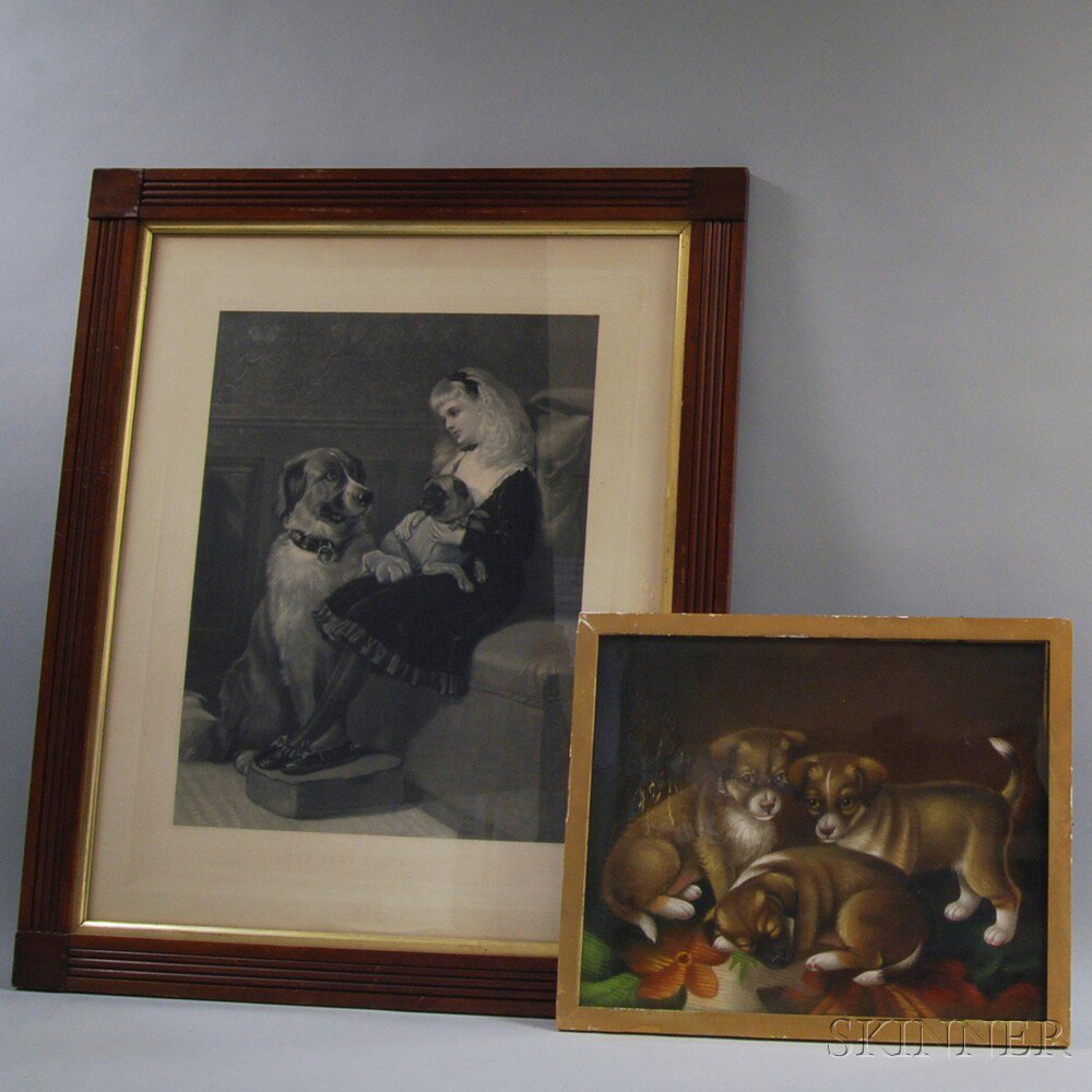 Appraisal: Two Framed Works a pastel on paper depicting three puppies