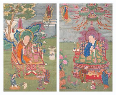 Appraisal: Two Tibeto-Chinese thankas each depicting an arhat seated on a