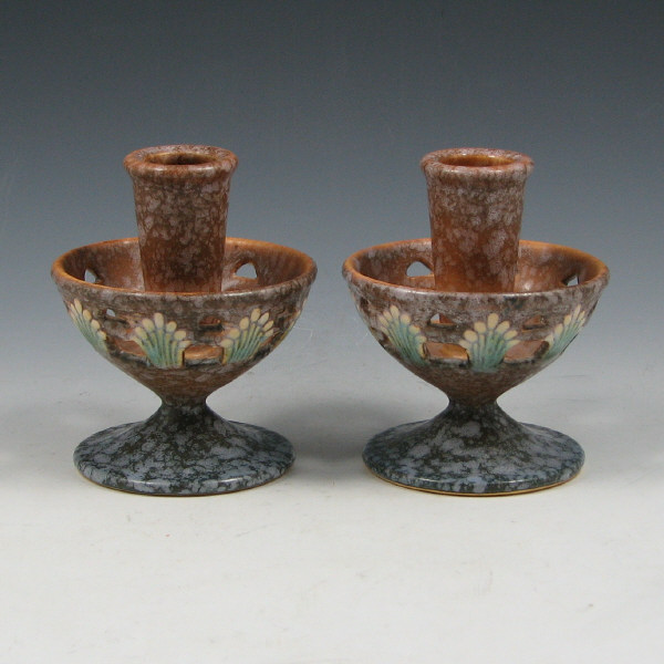 Appraisal: Pair of brown Roseville Ferella - candleholders Unmarked Mint tall