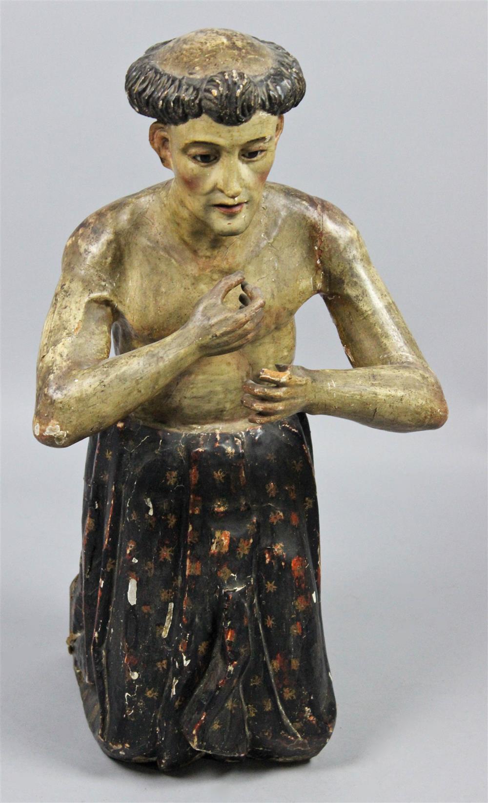 Appraisal: SPANISH COLONIAL POLYCHROME AND GILDED BULTO OF A TONSURED MONK