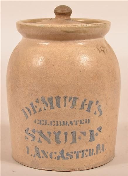 Appraisal: Demuth's Snuff Stoneware Half Gallon Crock Demuth's Snuff Lancaster Pa